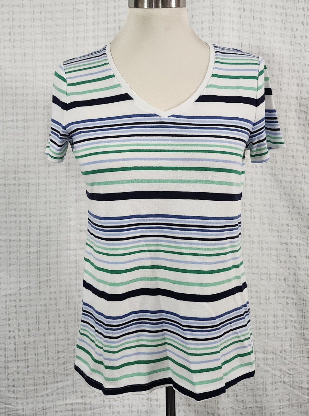 croft & barrow White V-Neck Tee with Navy and Green Stripes